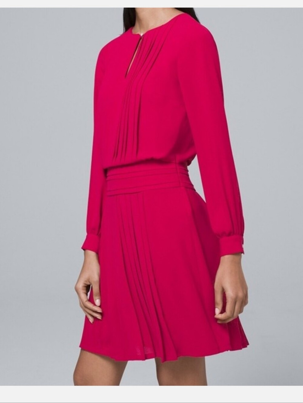 WHBM SZ 10 Fuchsia Pleated Soft Long Sleeve Blouson Dress